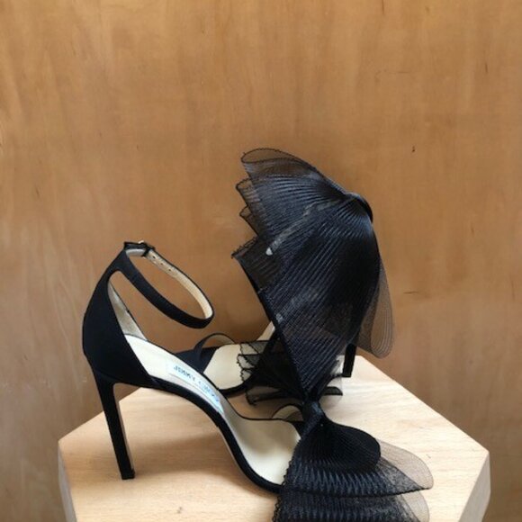 JIMMY CHOO Aveline Black Tulle Bow Ankle Strap Open Toe High Heel Sandals - Picture 5 of 8